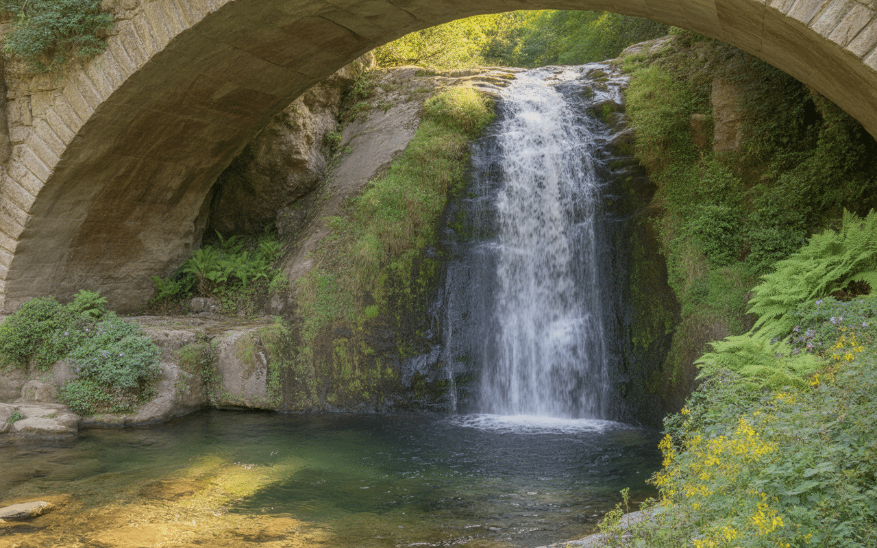 Cascade d'eau sous un pont en pierre, entourée de verdure et de fleurs, se déversant dans un bassin paisible.