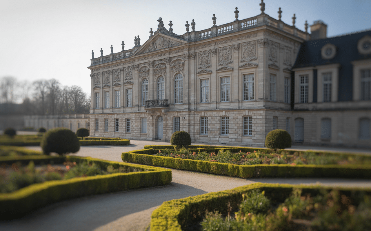 Château en pierre avec balustrade, entouré de jardins bien entretenus et de parterres de fleurs, sous une lumière douce.