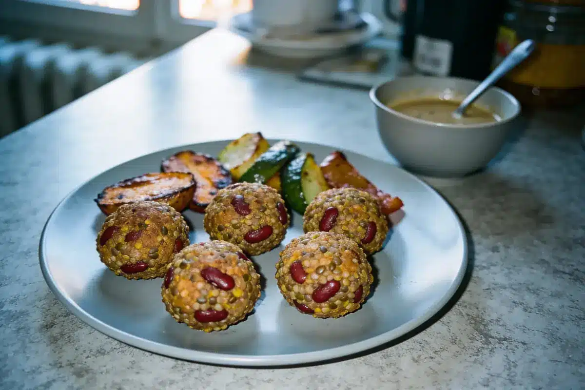 Assiette de boulettes de légumineuses, légumes grillés, sauce dans un bol, sur table de cuisine.