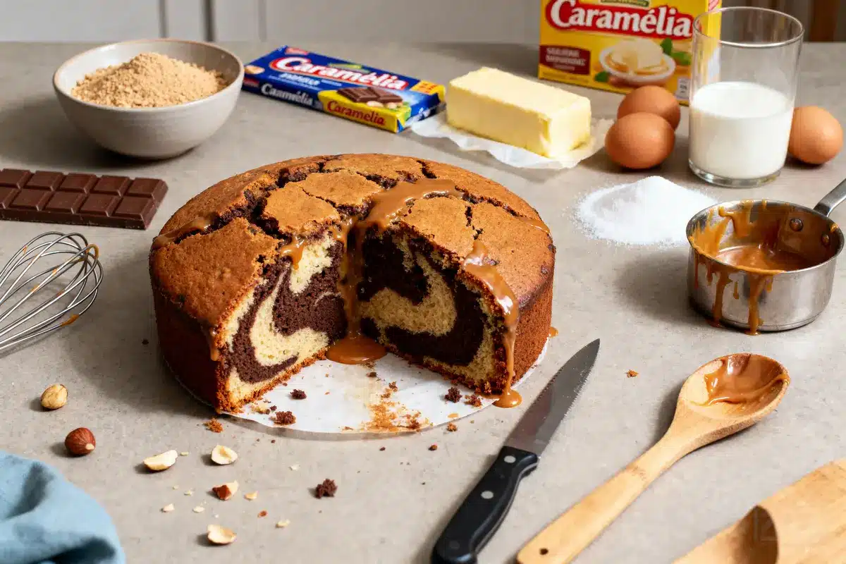 Gâteau marbré au caramel entouré d'ingrédients de pâtisserie, comme œufs, chocolat, et lait, sur table grise.