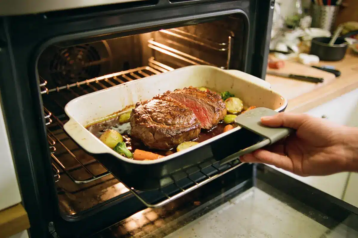 Rôti de viande avec légumes dans un plat sortant d'un four chauffé.