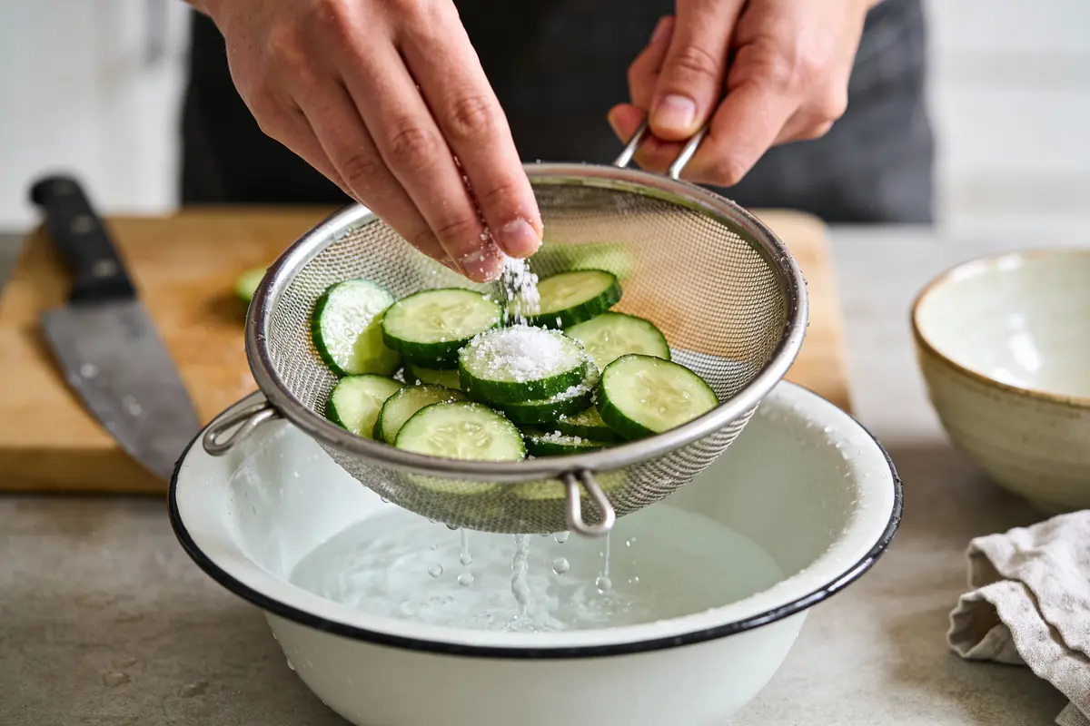 Main saupoudrant du sel sur rondelles de concombre dans une passoire au-dessus d'un bol.
