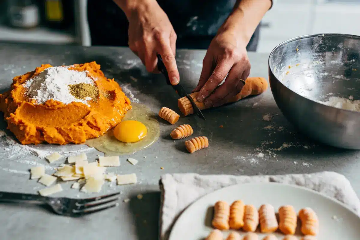 Personne préparant des gnocchis faits maison avec pâte à la farine, œuf et courge, sur plan de travail.
