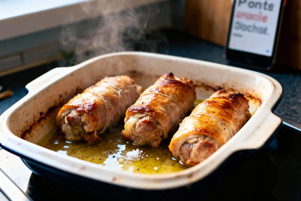 Trois roulades de viande dorée, fumantes dans un plat de cuisson, avec écran flou en arrière-plan.