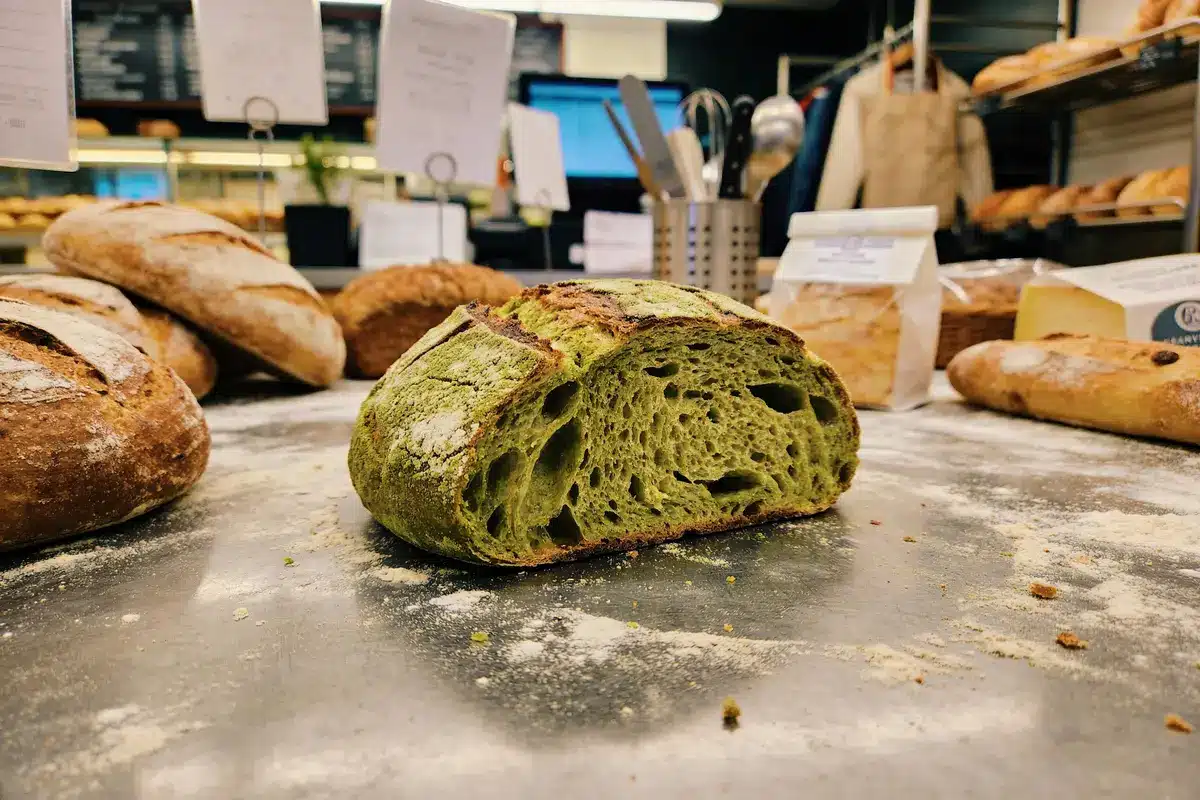 Pain vert tranché sur une table en boulangerie, entouré d'autres pains variés.