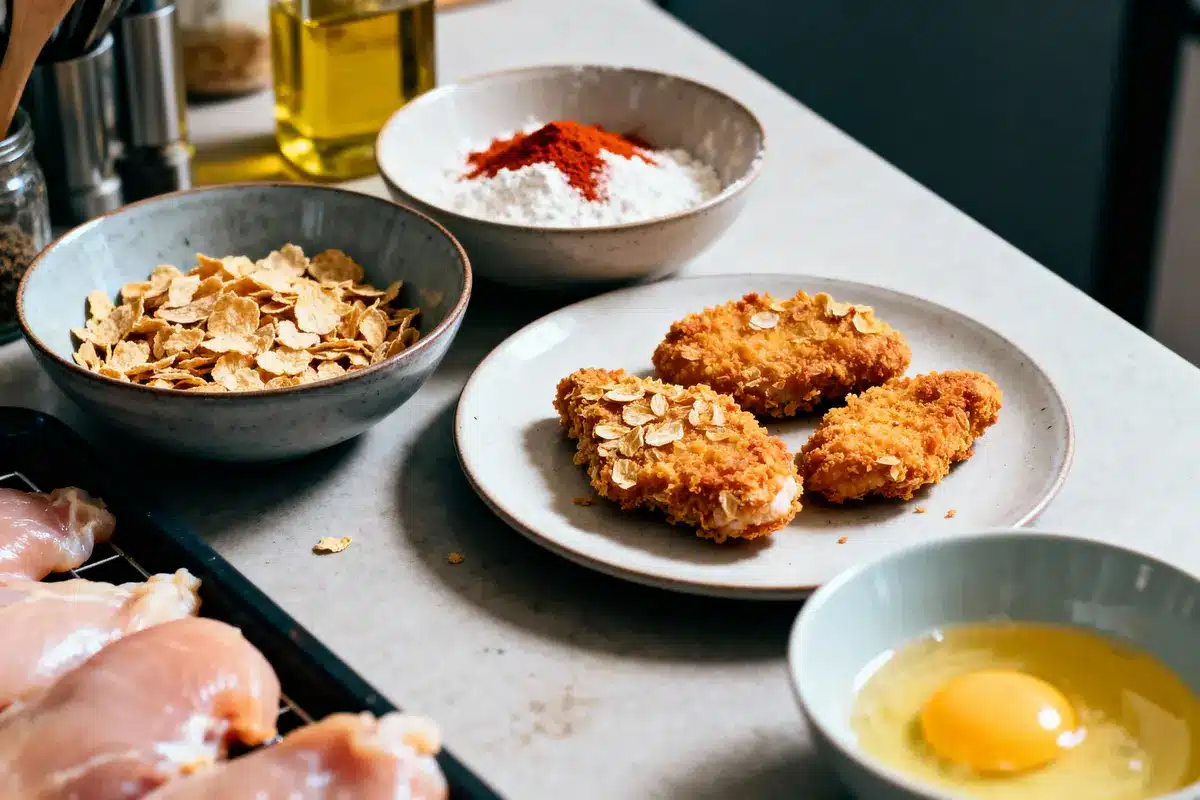 Poulet pané avec cornflakes, farine, paprika, œuf battu, et poulet cru sur une surface de cuisine.