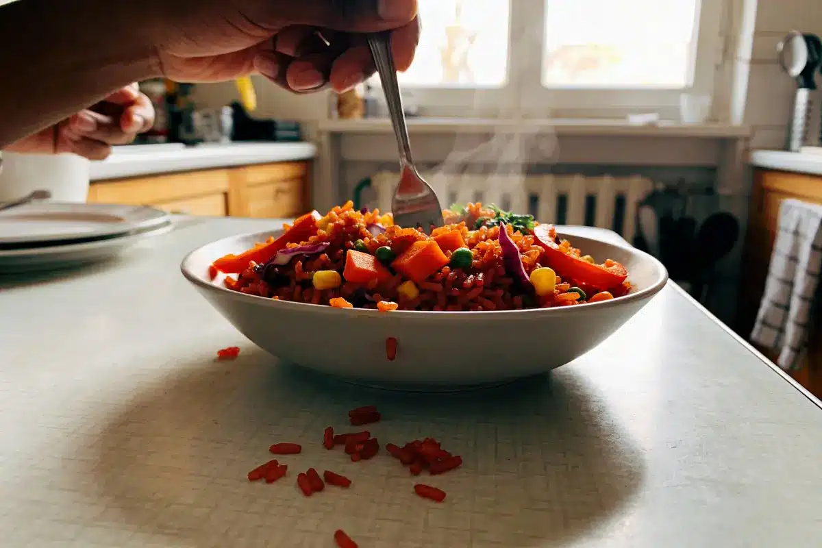 Main tenant une fourchette dans un bol de riz aux légumes colorés, sur une table de cuisine.
