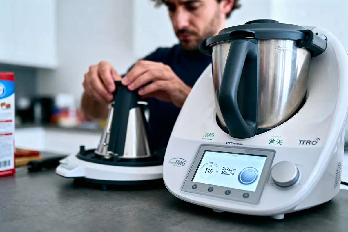 Homme utilisant un robot ménager Thermomix TM6 sur une table de cuisine moderne.