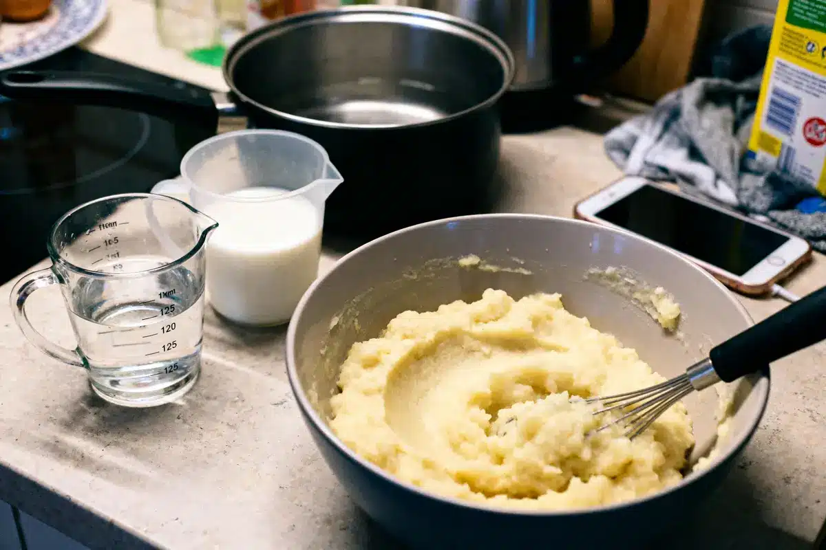 Purée de pommes de terre préparée avec fouet, pichet d'eau, lait, casserole et téléphone sur le plan de travail.
