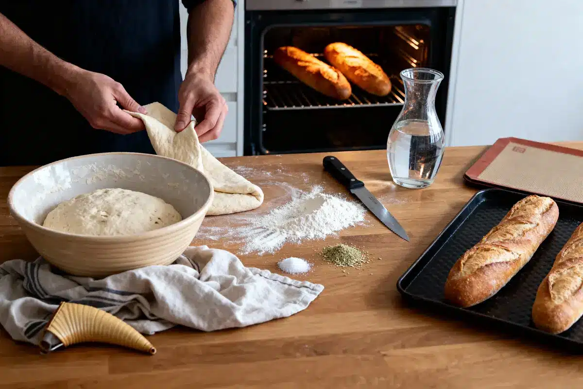 Personne pétrissant la pâte à pain près du four, farine, couteau, carafe d'eau et baguettes sur table.