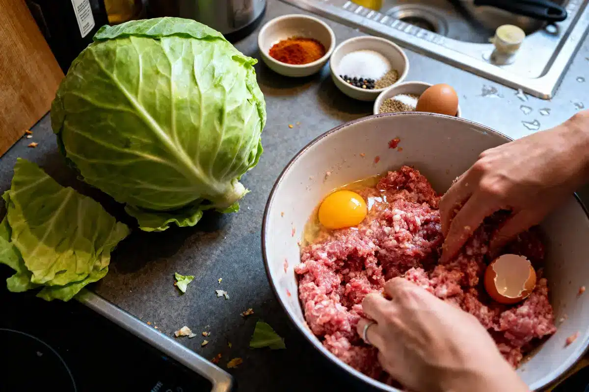 Mains mélangeant viande hachée et œuf dans bol, chou et épices à proximité.