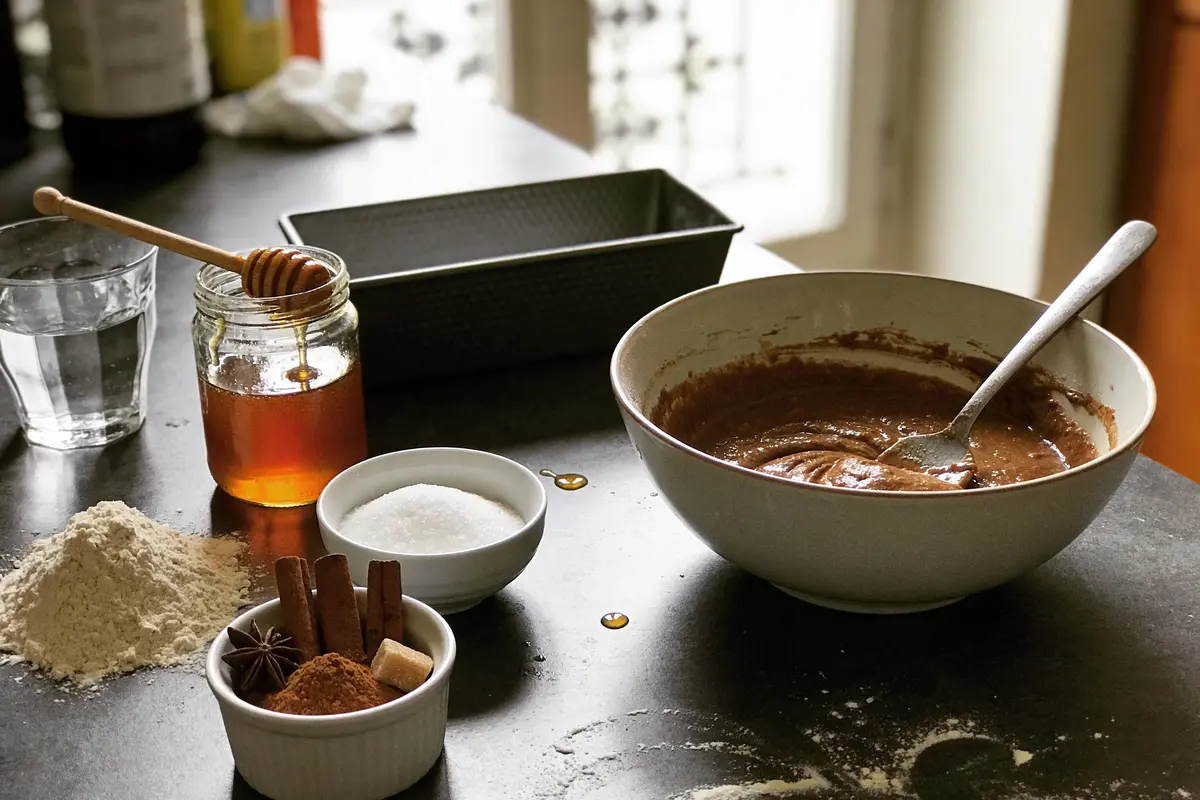 Bol de pâte, ingrédients, épices, miel, farine, sucre sur table avec moule à gâteau et verre d'eau.
