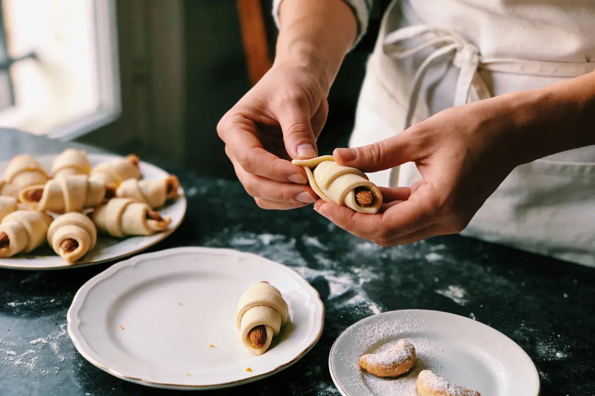 Personne prépare des croissants aux amandes sur un plan de travail, avec des assiettes blanches à proximité.