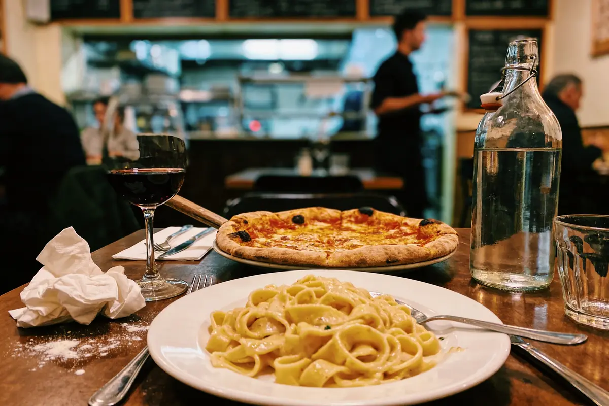 Assiette de pâtes, pizza, verre de vin rouge et bouteille d'eau sur table dans un restaurant animé.