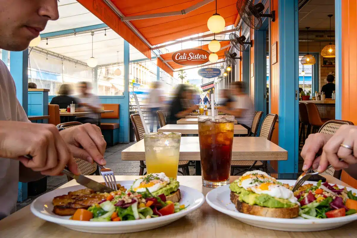 Deux assiettes avec avocats, œufs pochés, salades et boissons dans un café animé avec terrasse colorée.