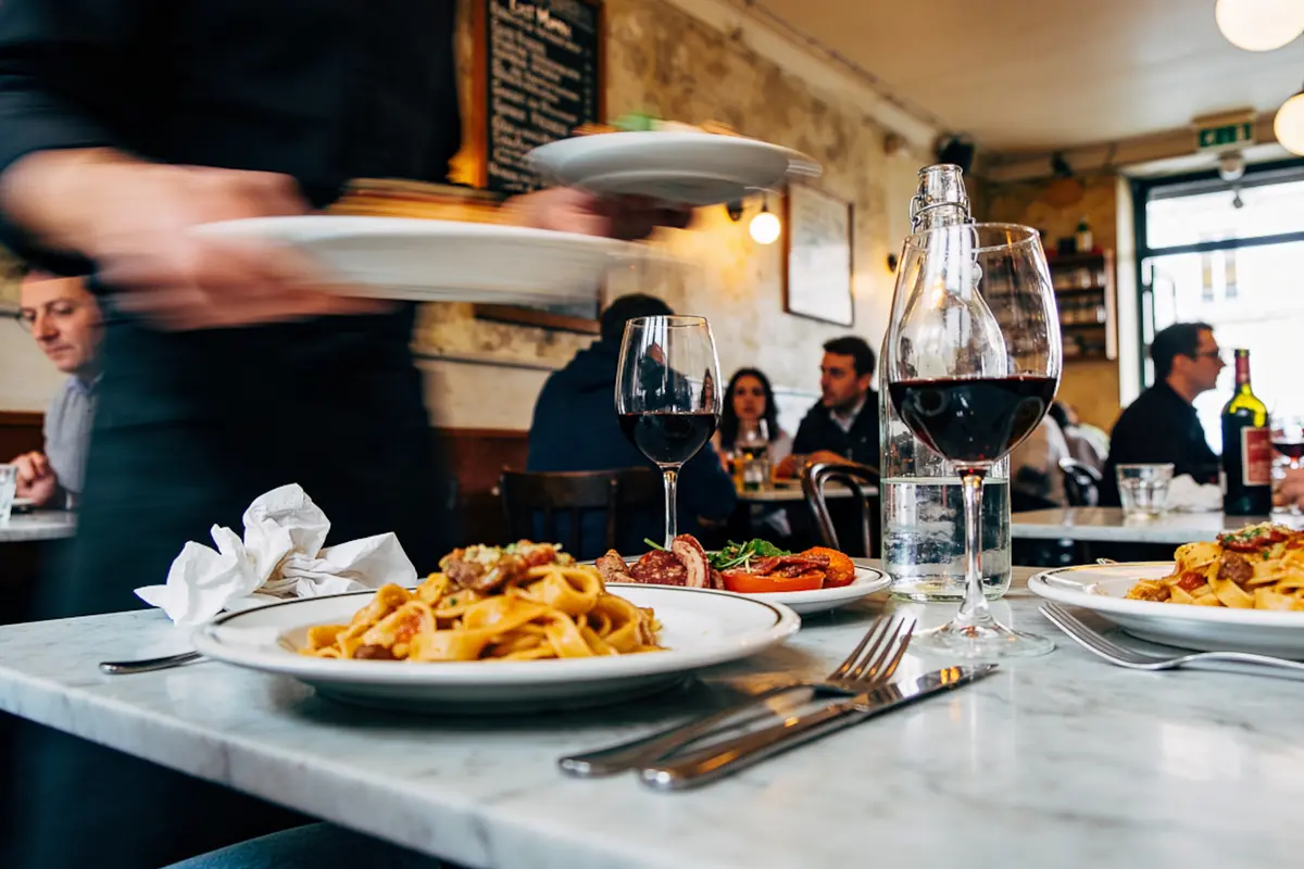 Serveur dans restaurant, plats de pâtes, verres de vin, table en marbre, clients en arrière-plan.