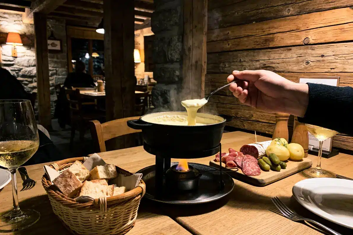 Fondue suisse avec pain, charcuterie et vin dans un chalet en bois chaleureux et rustique.