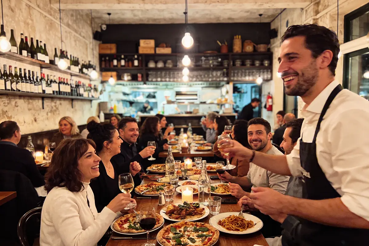 Personnes dînant joyeusement dans un restaurant chaleureux, serveurs souriants, ambiance conviviale et plats appétissants.