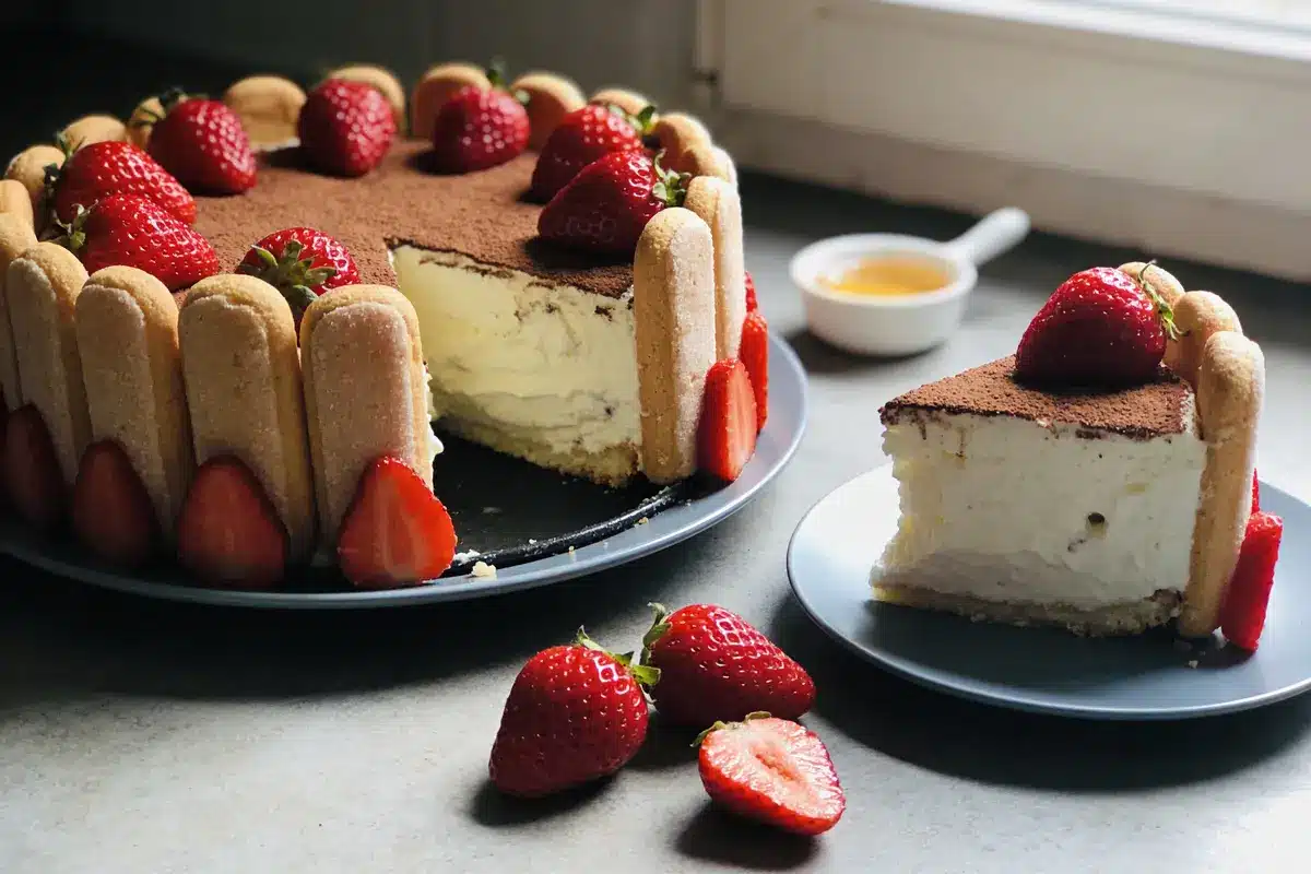 Gâteau aux fraises et biscuits, crème, cacao, part servie à côté, décoré de fraises entières et coupées.