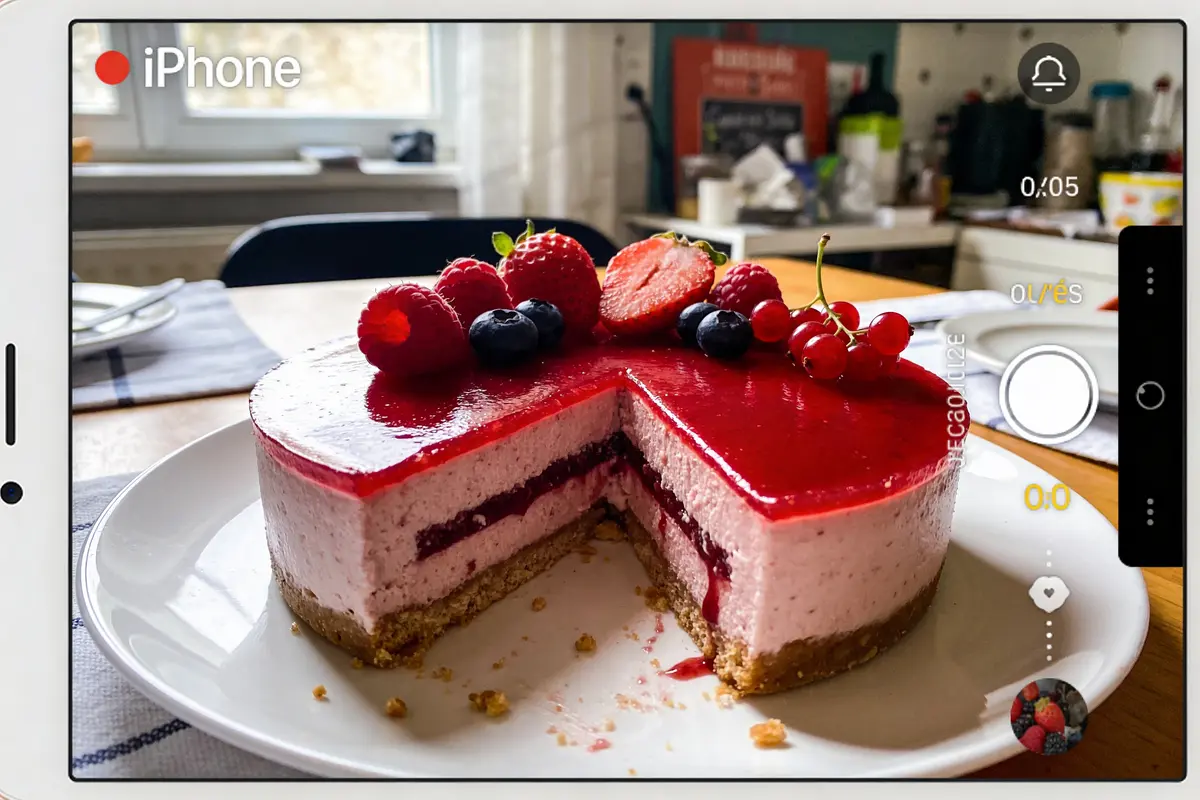 Part de gâteau aux fruits rouges sur table, vue sur téléphone en mode photo.