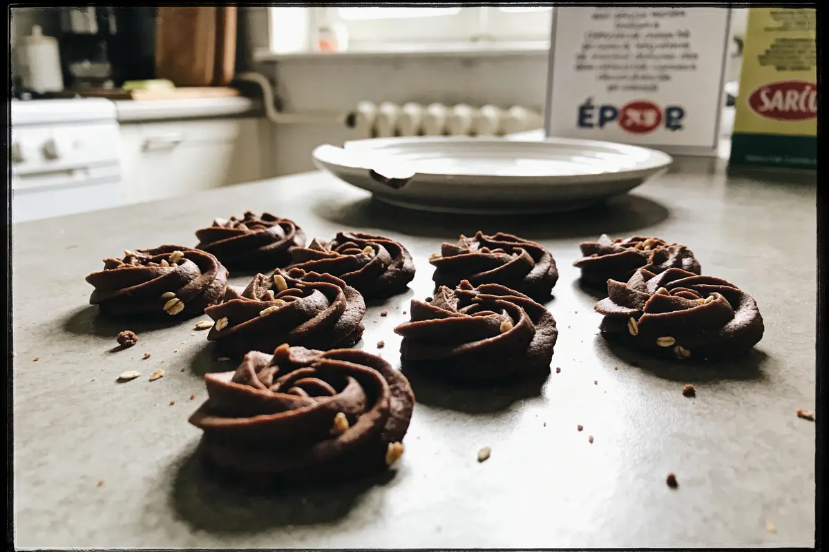 Biscuits au chocolat en spirale, garnis de graines, posés sur un plan de travail de cuisine.