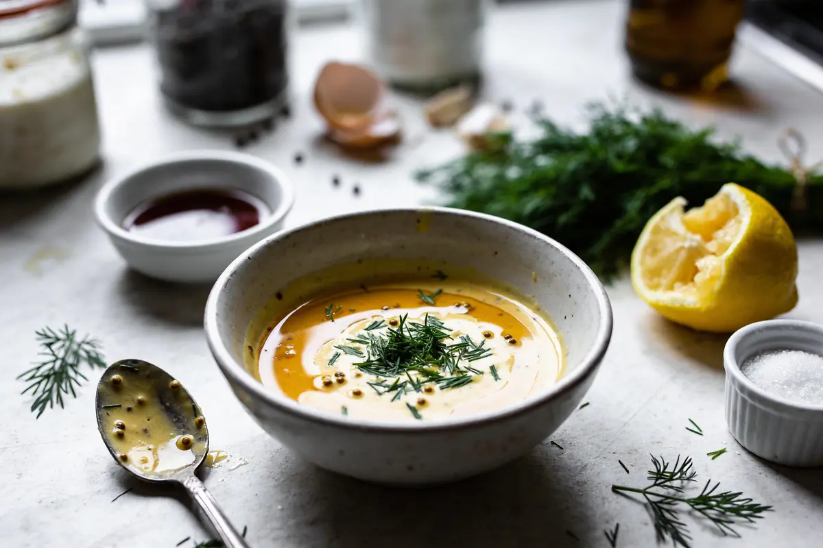 Bol de soupe crémeuse décorée d'herbes, avec une cuillère, citron et ingrédients en arrière-plan.