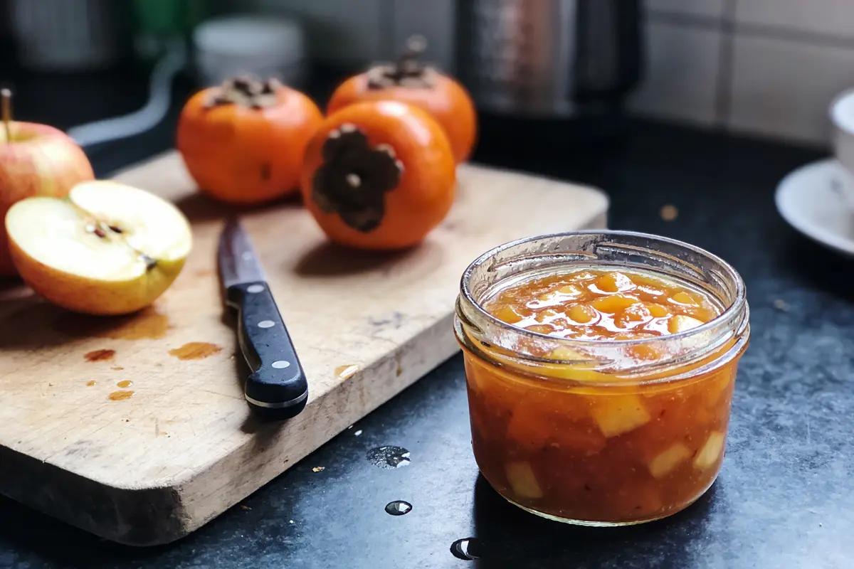 Bocal de confiture, kakis, pomme coupée sur planche, couteau en cuisine.