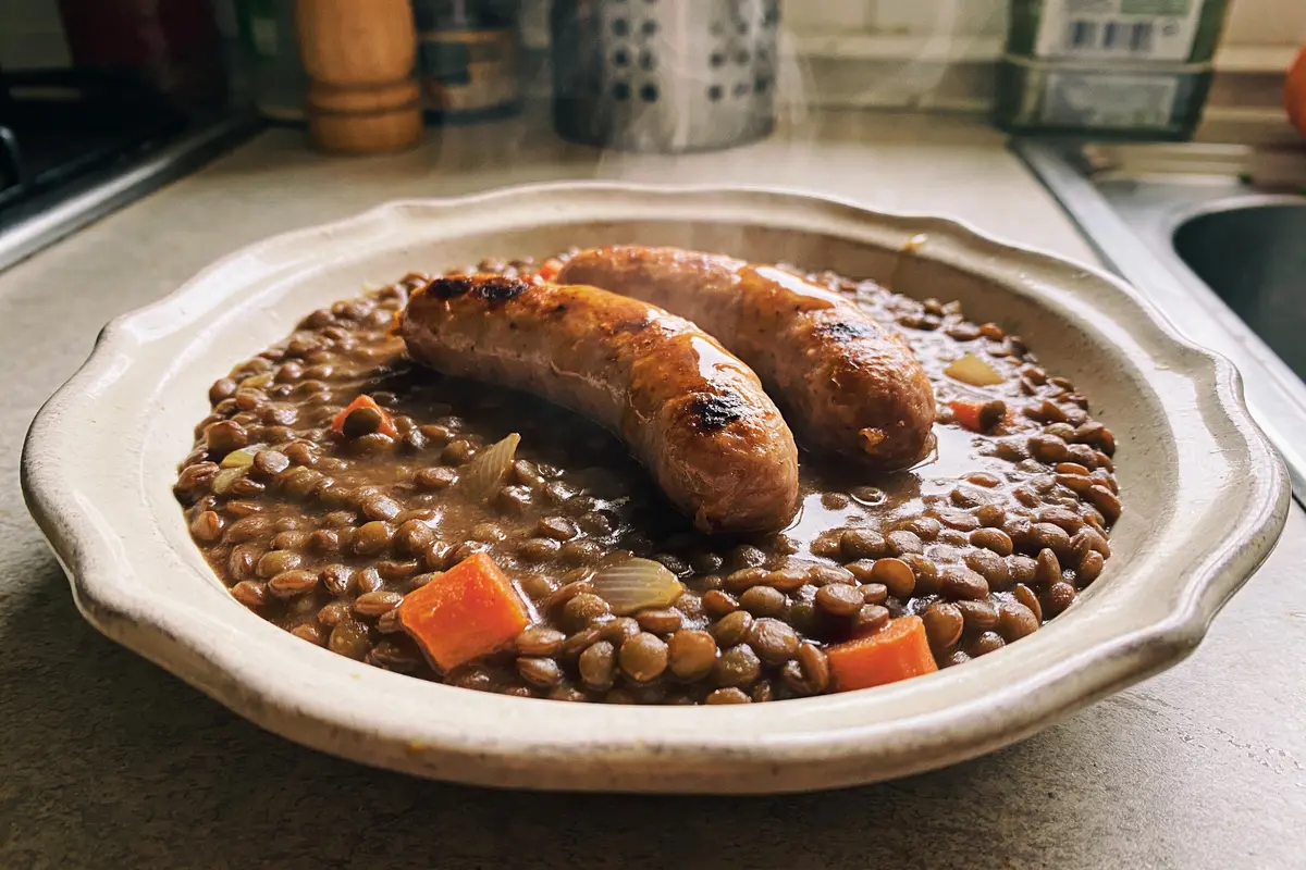 Assiette de lentilles avec saucisses, carottes et oignons, sur un comptoir de cuisine.