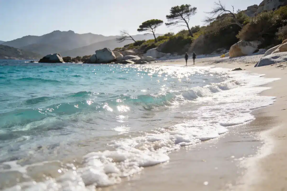 Plage ensoleillée avec vagues, sable fin, promeneurs, arbres et montagnes en arrière-plan.