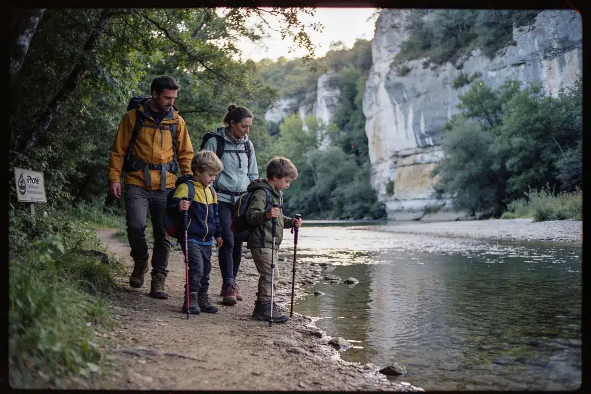 Famille randonnée au bord d'une rivière, forêt et falaise en arrière-plan, deux enfants et parents avec bâtons.