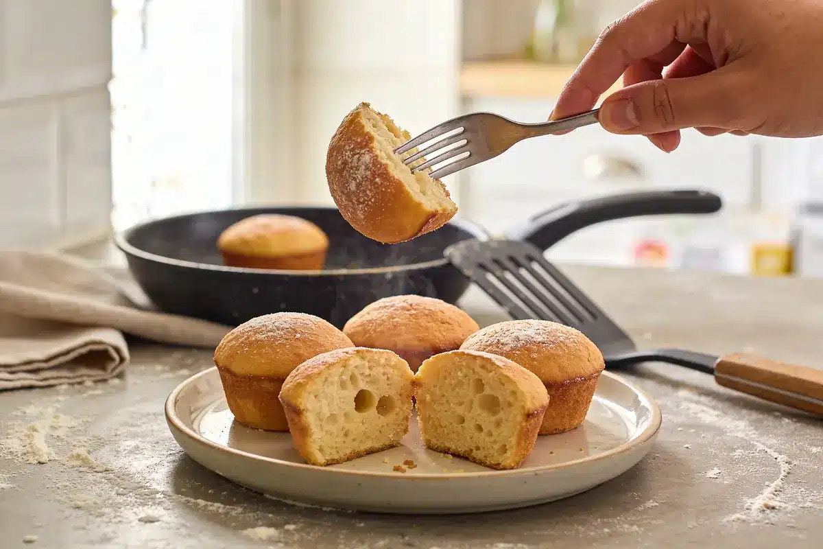 Assiette avec muffins dorés, un sur fourchette, poêle en arrière-plan, plan de travail enfariné.