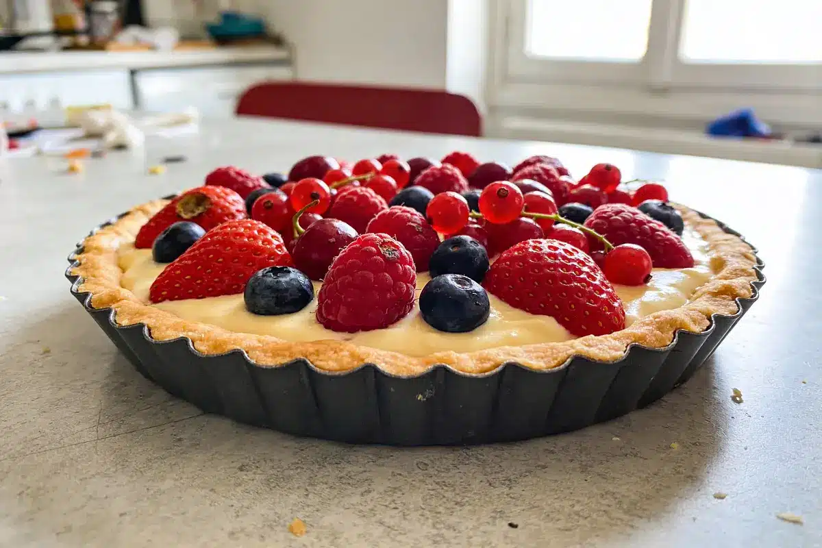 Tarte aux fruits avec fraises, framboises, myrtilles et groseilles sur une table de cuisine.